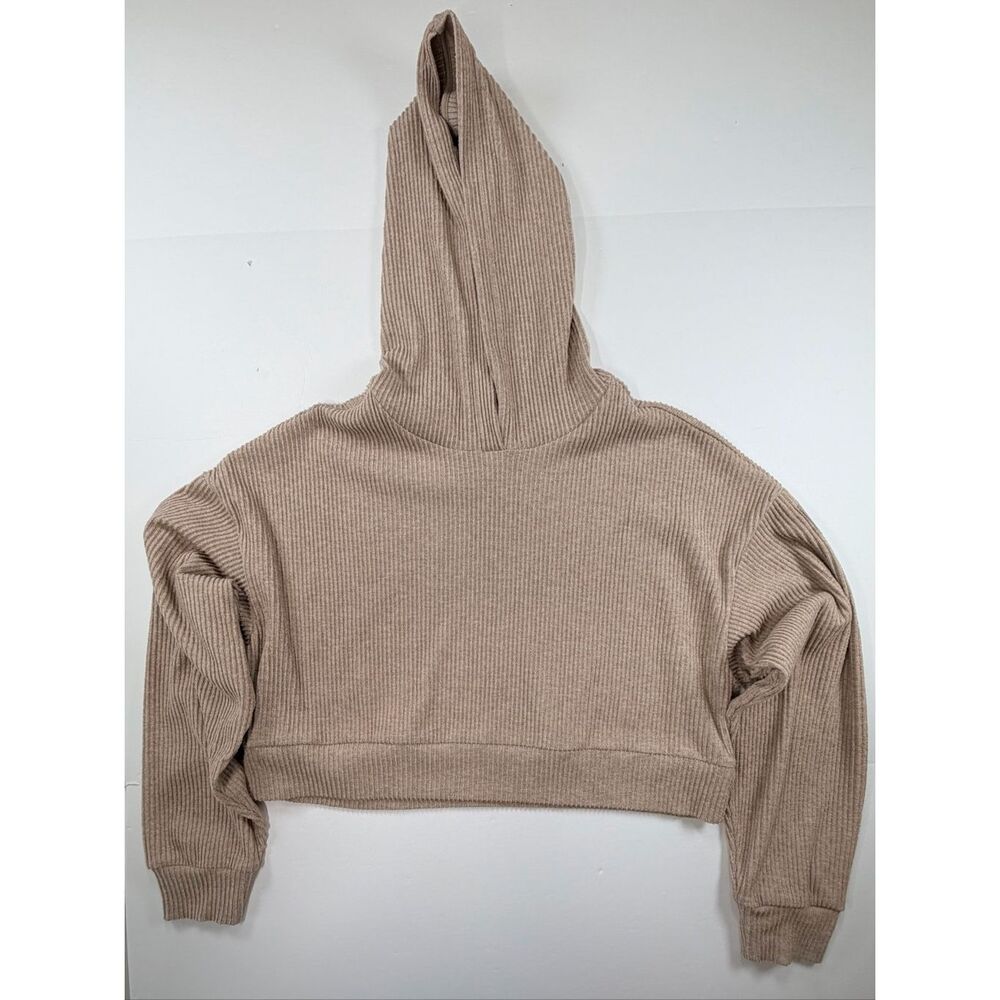 NWOT Alo Yoga Muse Hoodie Gravel Heather Tan Ribbed Cropped Pullover Size Medium - Picture 5 of 10